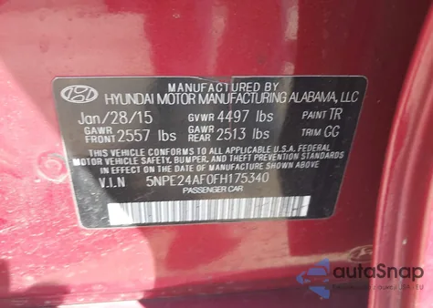 2015 Hyundai Sonata Se z USA, uszkodzony, nr VIN 5NPE24AF0FH175340